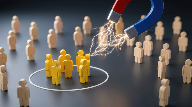 A horseshoe magnet attracting a group of wooden figures. The magnet is blue and red, and sparks are emanating from its poles. The figures are arranged in a crowd.