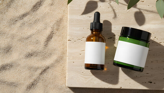 Skincare Mockup on Travertine Stone and Sand
