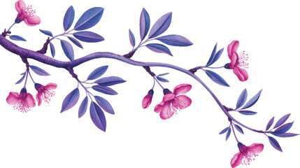 Obraz premium Beautiful flowering cherry blossom branch with pink flowers and purple leaves isolated on transparent background, Vector, illustration