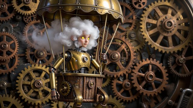 Steampunk robot floats in cloud, surrounded by giant gears and mechanical wonders.
