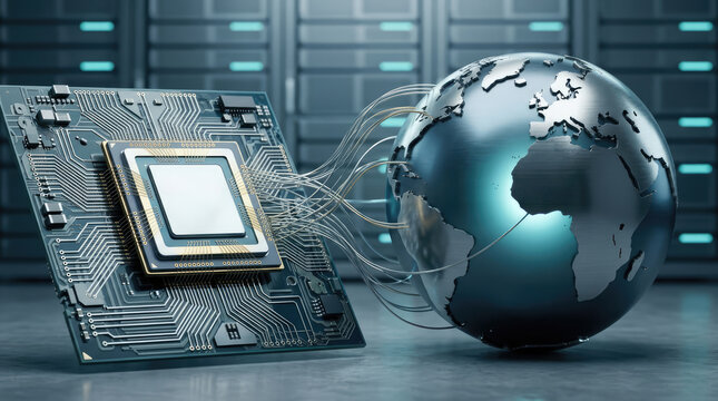 Advanced AI Chip Circuit Board Connecting Global World Map Representing Worldwide Technology Network, Artificial Intelligence and Digital Transformation Concept