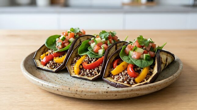 Flame-healthy taco alternatives featuring grilled eggplant shells filled with quinoa, colorful peppers, and fresh pico de gallo on a ceramic plate.