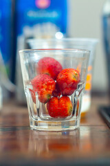 fresh strawberry in a clear glass and healthy with full nutrition of organic in a table of kitchen bar  © Mr. Frost