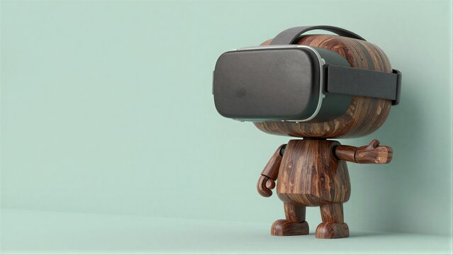 Wooden robot wearing VR headset, standing against mint green background.