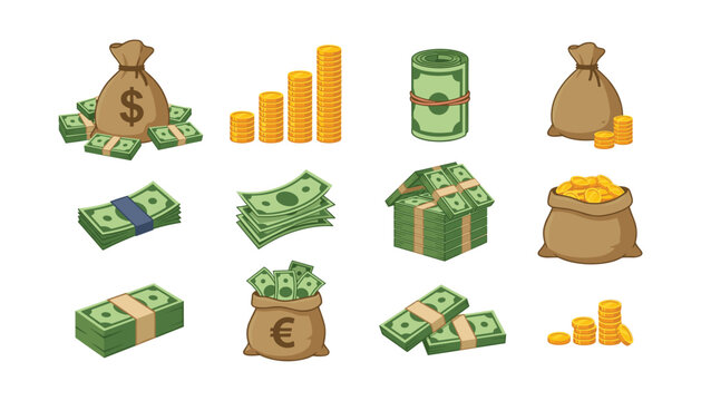 Vector money set with stacks of cash dollar bills gold coin stacks and currency bags for financial design