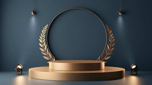 A gold podium with laurel leaves against a dark blue wall. Perfect for luxury product display and professional.