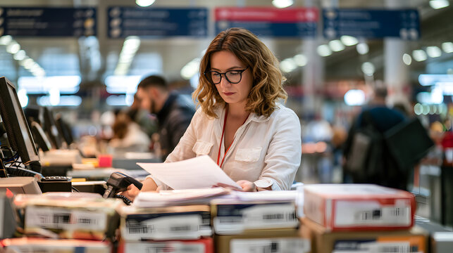 The customs broker at the bustling international freight terminal examines the declaration documents, scans the barcodes on parcels of mixed origin, and checks the multilingual signs above, all while 