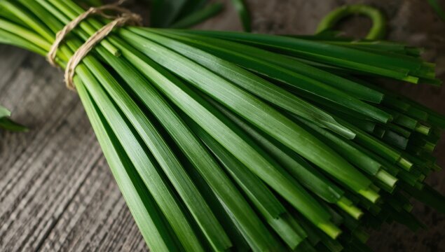 Bunched fresh pandan leaves, a fragrant herb for Southeast Asian sweets, dishes, and scents.