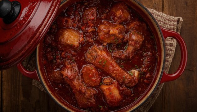 Close-up of a pot of slow-cooked oxtail in red wine sauce, rabo de toro, on a wooden table. Horizontal top-down view.