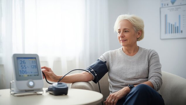 A woman in her forties uses a digital device to monitor her blood pressure and heart rate. Medical and health topic.