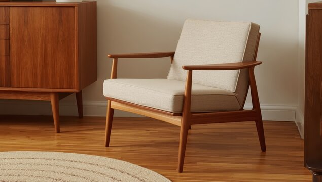 A snug mid-century armchair with a wooden frame and beige fabric, positioned on a wooden floor next to a cabinet and a circular rug.