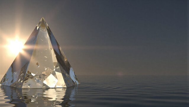 Shiny pyramid floats serene water, sun glints bright behind its mirrored facets.