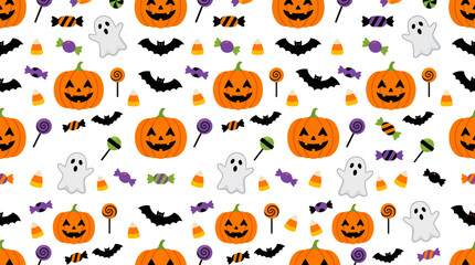 Obraz premium Festive Halloween Pattern Featuring Jack-o-Lanterns Ghosts Bats and Candy for Celebration and Decoration.