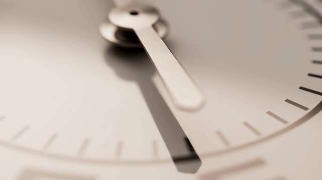 Macro view of metallic clock hand advancing clockwise across textured dial with soft shadows, central hub detail, subtle reflections, and clean neutral tones for time concept