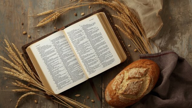 Wheat, bread, and the Bible. Overhead perspective. Nourishment for the spirit, Christian theme.