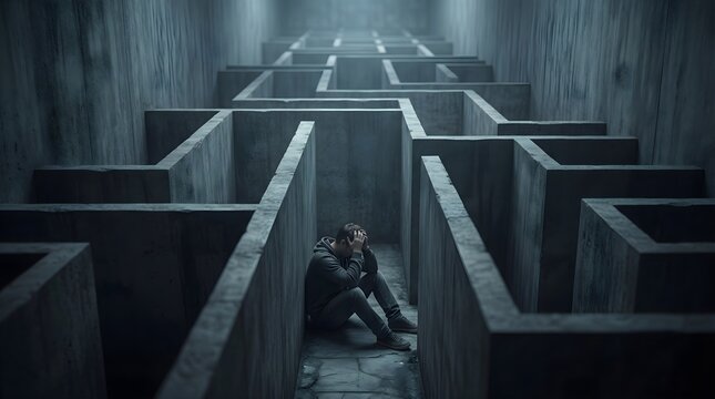 Lonely person trapped inside endless maze representing anxiety and confusion, surreal lighting, minimal background, highly detailed conceptual stock image for mental health awareness