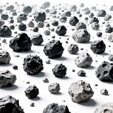 Volcanic basalt stones on white background, porous black lava rock collection, textured pumice and mineral fragments for spa and wellness design