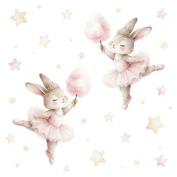 Watercolor bunny ballerina illustration, cute rabbit dancers in pink tutus with cotton candy, whimsical nursery art with pastel stars