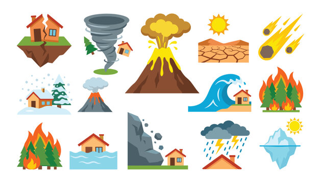 Natural disasters vector icon set with volcano eruption tornado wildfire flood earthquake tsunami and landslide flat illustrations