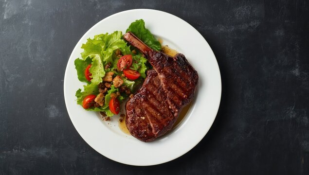 Grilled ribeye steak and fried beef served with green salad on a plate, dark backdrop, overhead shot, blank space.
