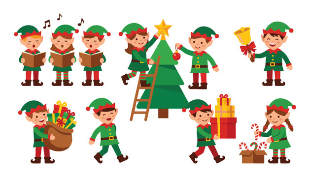 Christmas elf vector set with cute holiday characters decorating tree singing carols and holding gifts illustrations
