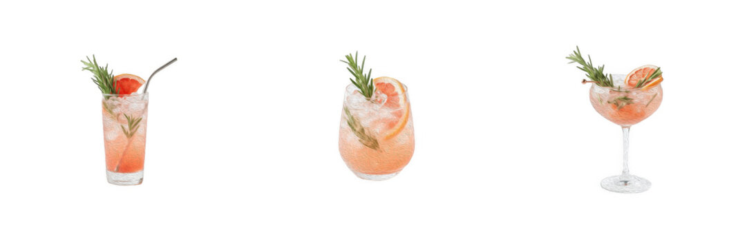 Set of three pink cocktails garnished with grapefruit slices and rosemary sprigs, isolated refreshing summer alcoholic drinks for party, bar, lounge, and celebration concepts on white background.