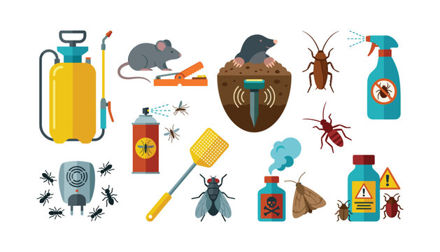 Pest control service icon set with insecticide spray chemicals trap swatter and insect bugs vector illustration on white background