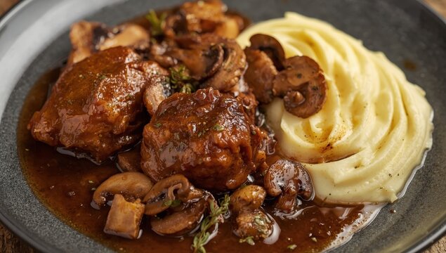 Braised pork cheeks in brown sauce with mushrooms and mashed potatoes served on a contemporary plate.