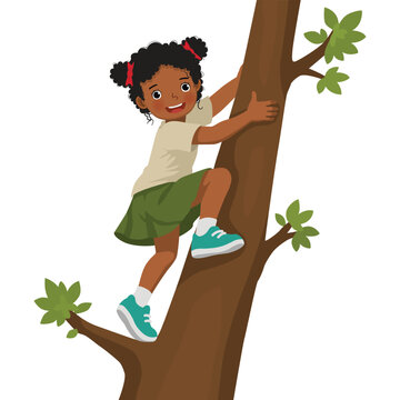 Little African girl climbing a tree in the park
