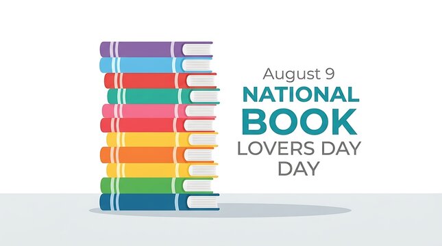 National Book Lovers Day banner for August 9, colorful stack of books on white background, literary celebration graphic for library and education
