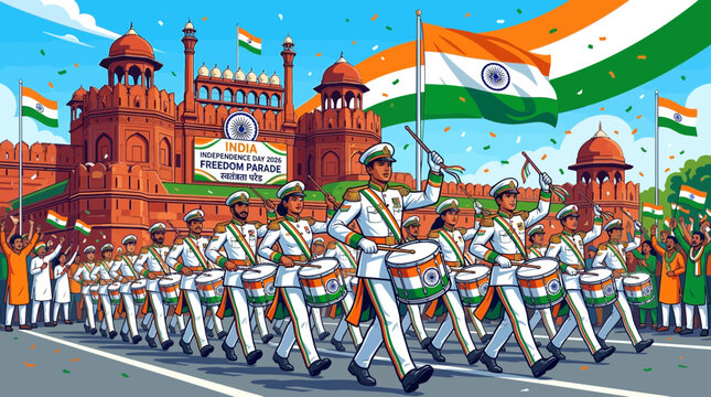Indian Independence Day parade at Red Fort with marching band and flags