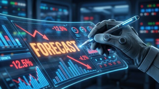 Tech Layoffs Forecast concepts. Futuristic robotic hand interacting with digital financial forecast display screen