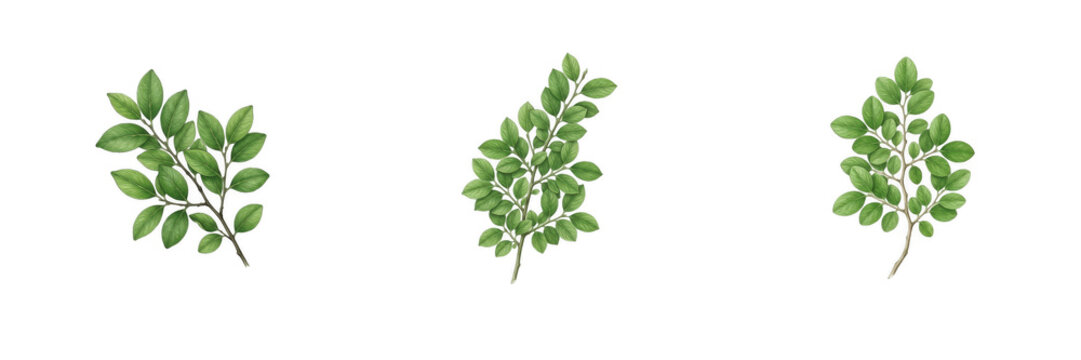 Set of three green leafy twigs, isolated fresh botanical branches with foliage for herbal medicine, organic cosmetics, garden design, and natural wellness concepts on white background.