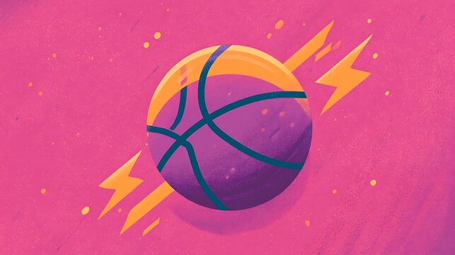 A stylized purple basketball icon with yellow lightning bolts on a pink background. Represents high energy sports and.