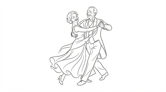 Line art elegant couple dancing ballroom classic style with ballroom performance illustration minimalist monochrome
