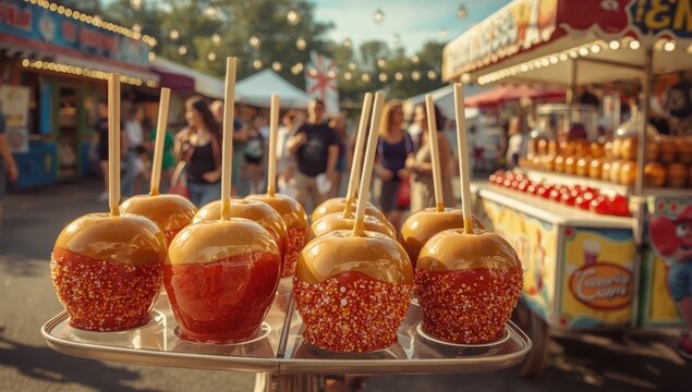 Tempting caramel apples on sticks, delightful treats often found at fairs and markets, vintage-style image.