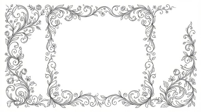 Line art decorative ornate floral frame border isolated on white background with illustration minimalist monochrome