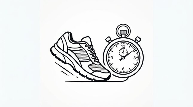 Line art drawing of a running shoe next to a stopwatch symbol with illustration minimalist monochrome stopwatch exercise