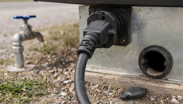Tight view of a 50amp electrical hookup at a campground pedestal with water faucet and sewer drain slightly out of focus emphasizing robust power connection.