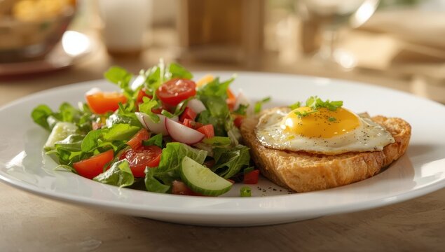 A new salad of greens and veggies rests on a white plate next to a crunchy cheese-covered toast. A yellow egg crowns the toast, decorated with chopped green onions.