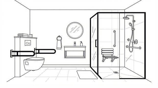 Line art accessible bathroom interior design with bathroom accessibility handicap interior architecture illustration