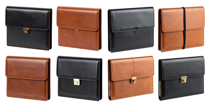 Leather. Wallets. Fashion Accessories. Collection Display. isolated transparent background