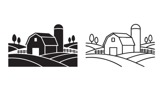 barn with silo and rolling fields in black silhouette and outline art vector icon
