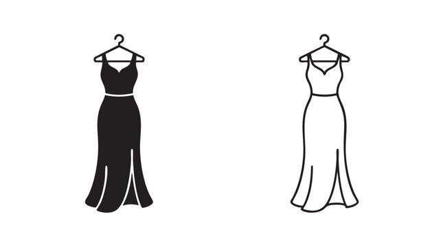 black evening gown on hanger silhouette and outline art vector icon black silhouette black silhouette and outline art vector icon