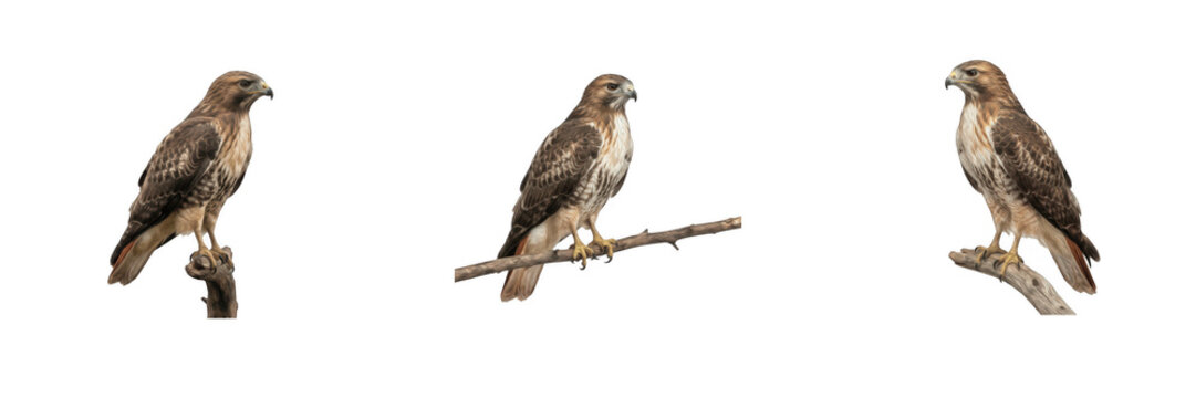 Set of three isolated red-tailed hawks perched on branches on white background, sharp birds of prey for wildlife design, organic nature graphics and vector-style elements for creative projects