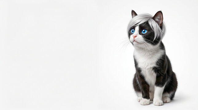 Smart tuxedo cat with silver wig sitting on right looking up with large copy space on white background.