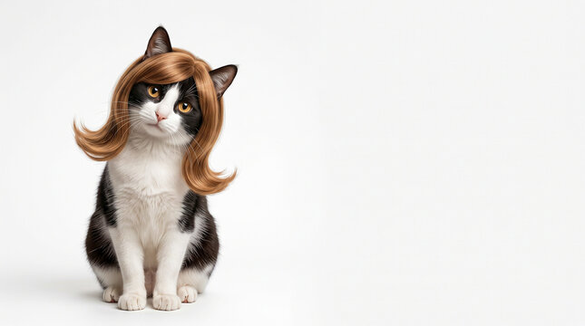 Cute tuxedo cat with brown wavy wig tilting head with large right copy space on white background.