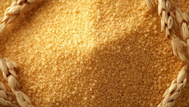 Close-up view of semolina. A common flour for cooking, utilized in pasta, couscous, or baby food.