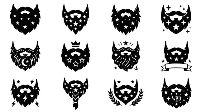 Stylish Beard Icons Set: Stars, Crown, Moon, WBD, Laurel Wreath, Lightning