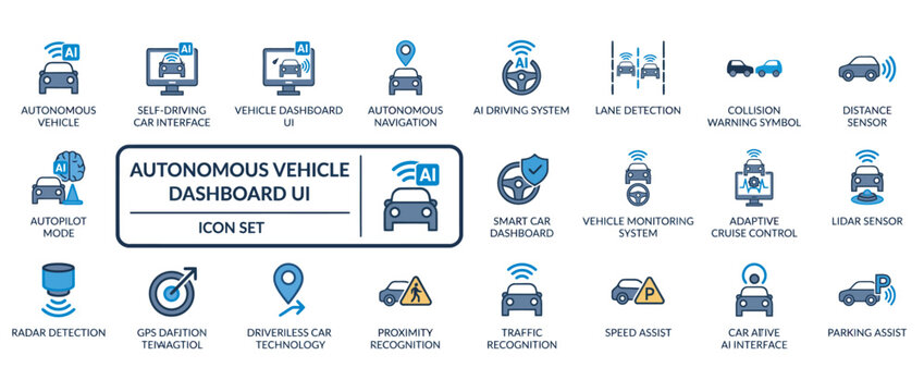 Advanced autonomous vehicle and smart car dashboard UI icons for automotive technology interface.
